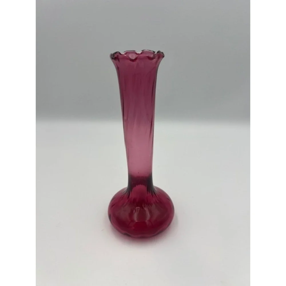Vintage Pilgrim Cranberry Swirl Bedford Ruffle Bud Vase Hand Blown Magenta 7 In